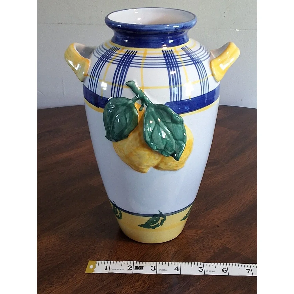 Vintage Ceramic Vase Blue Yellow 3D Lemon 10.5